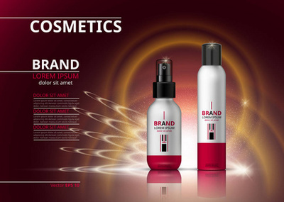 美容抗衰老霜廣告。化妝品包裝設計。3d 矢量美圖。保濕面膜霜玻璃瓶上閃閃發光的液體背景與水泡沫。產品包模擬